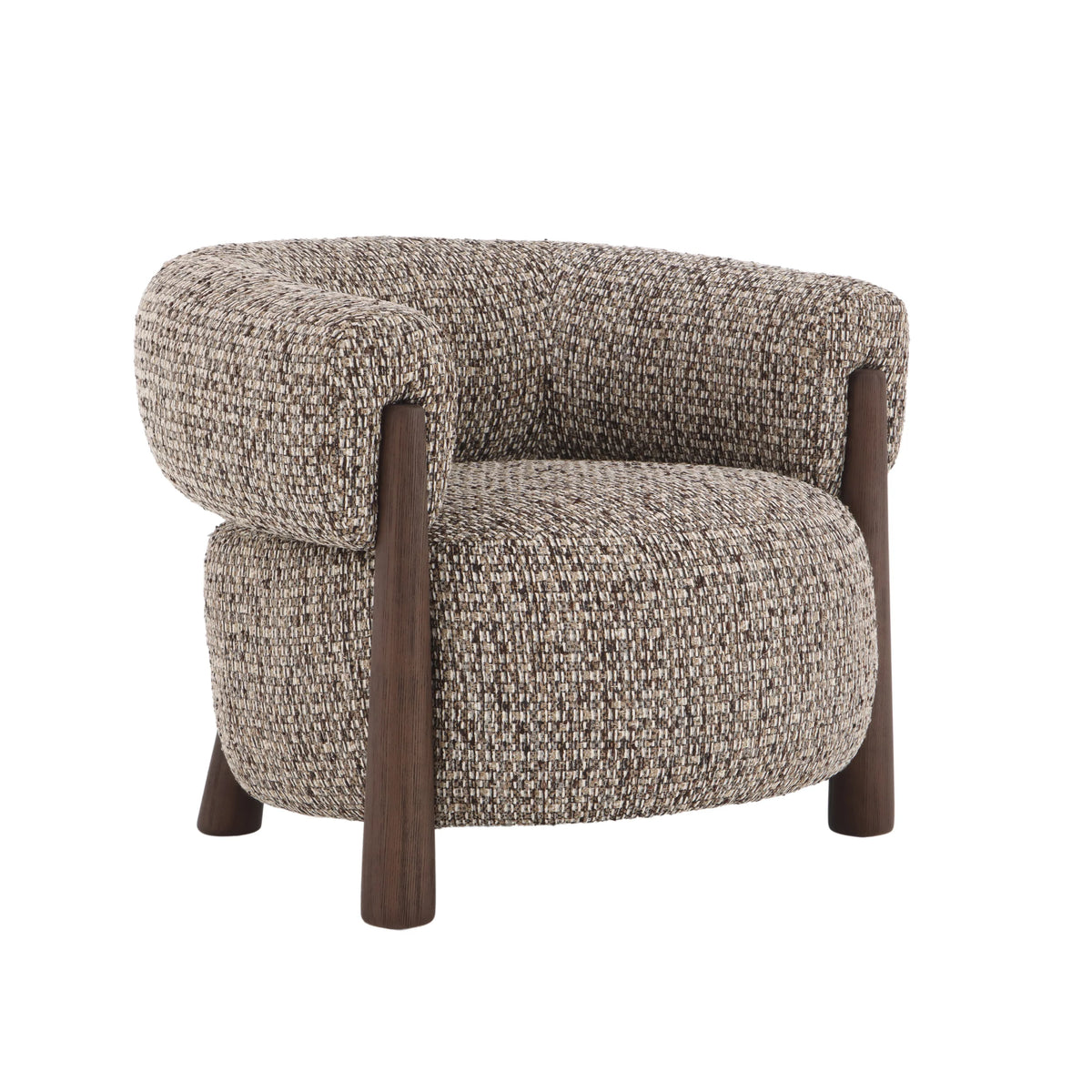 A modern barrel-style accent chair with a textured beige and brown woven upholstery and dark brown wooden legs, shown on a solid white background.