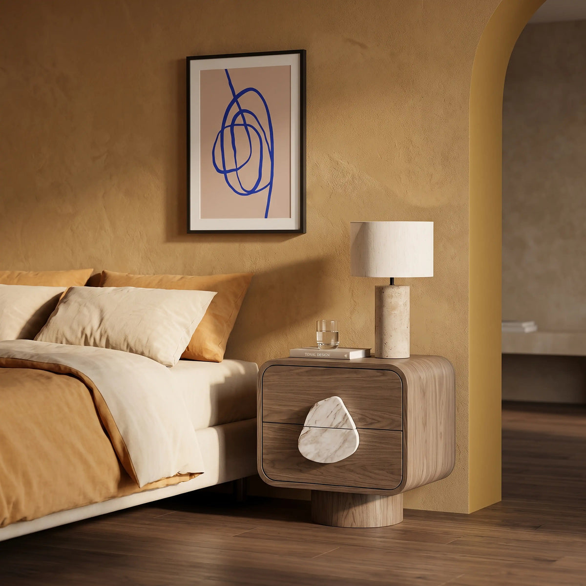 Colmore Bedside Table Lunaro – 54x44x55cm in Light Walnut with Marble Top