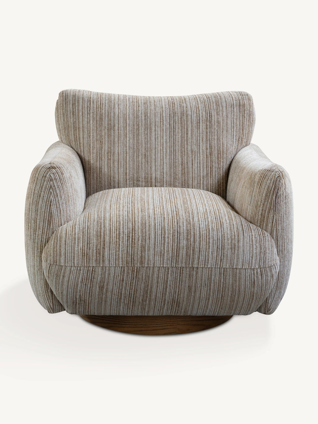 A modern swivel armchair upholstered in a textured beige and gray vertically striped fabric, featuring a dark wood circular base, shown against a plain off-white background.
