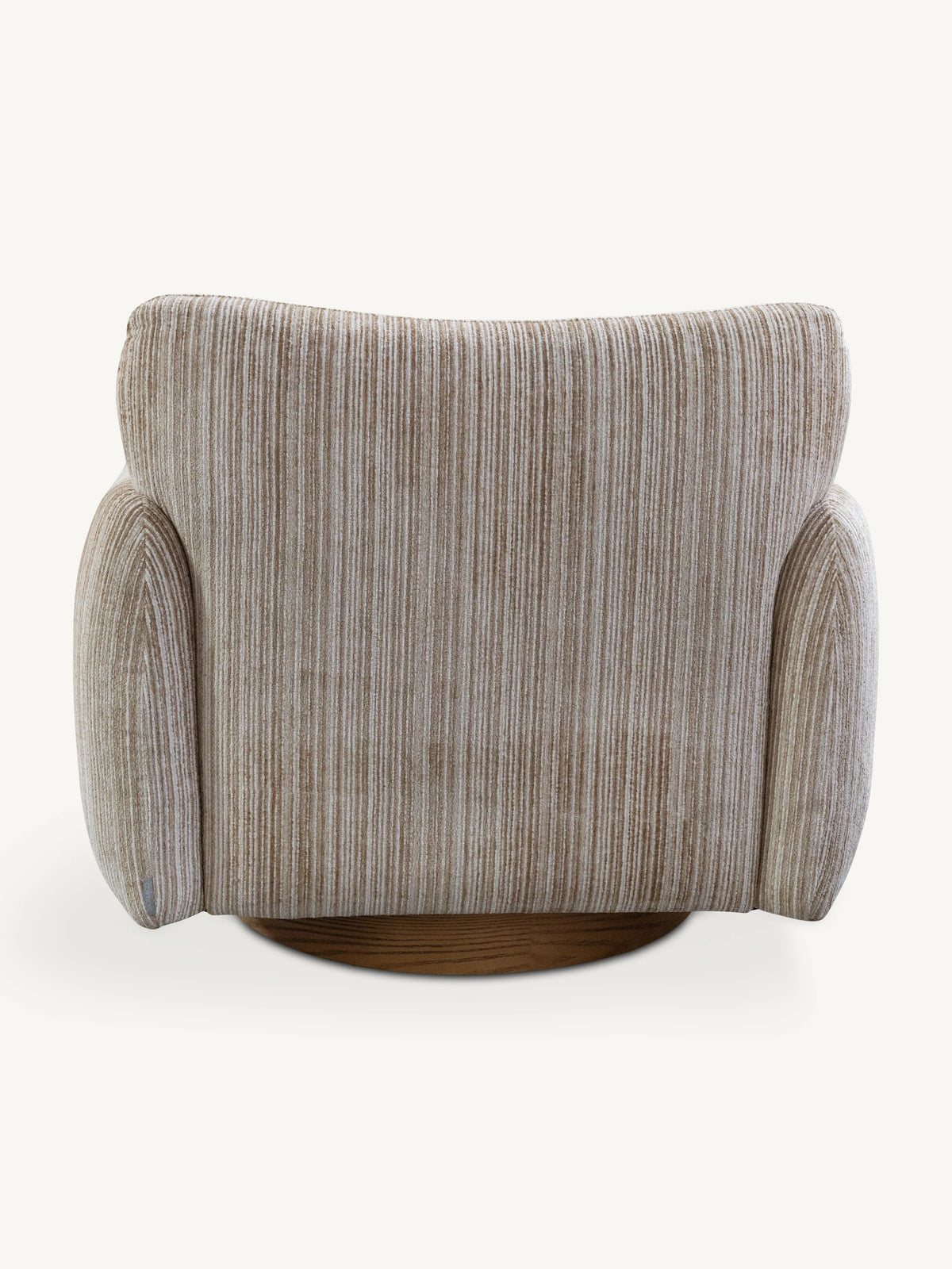 A modern swivel armchair with a textured, vertically ribbed fabric upholstery in beige and taupe tones, supported by a round dark wood base, shown from a direct front angle on a light off-white background.