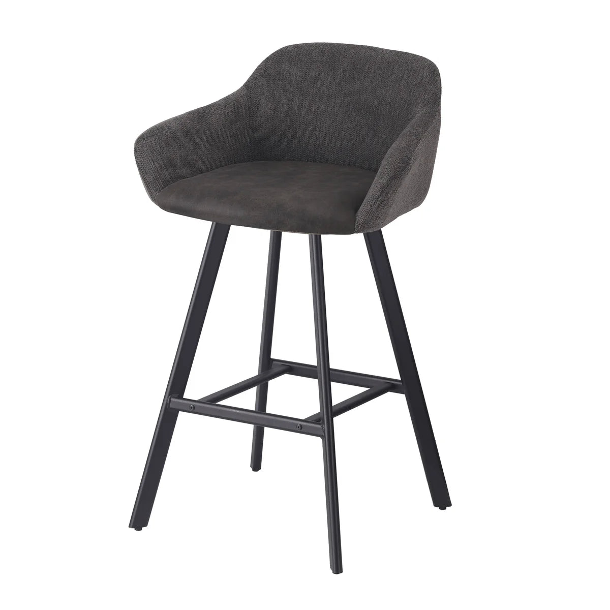 A modern bar stool with a dark gray upholstered seat and curved backrest, supported by four slim black metal legs with a square footrest, shown on a plain white background.