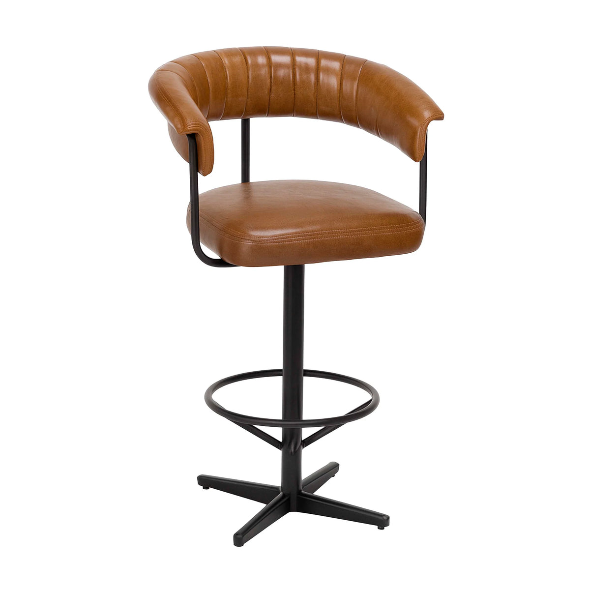 A modern swivel bar stool with a curved backrest and seat upholstered in warm brown faux leather, supported by a black metal frame with a footrest and four-star base, shown on a solid white background.