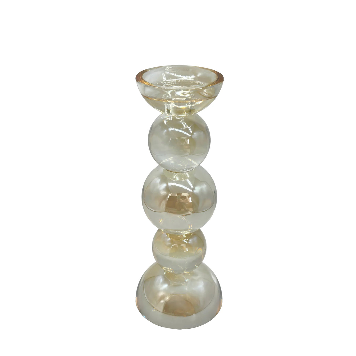A clear glass pedestal candle holder with a stacked, rounded column design and a shallow bowl on top, shown against a plain white background.