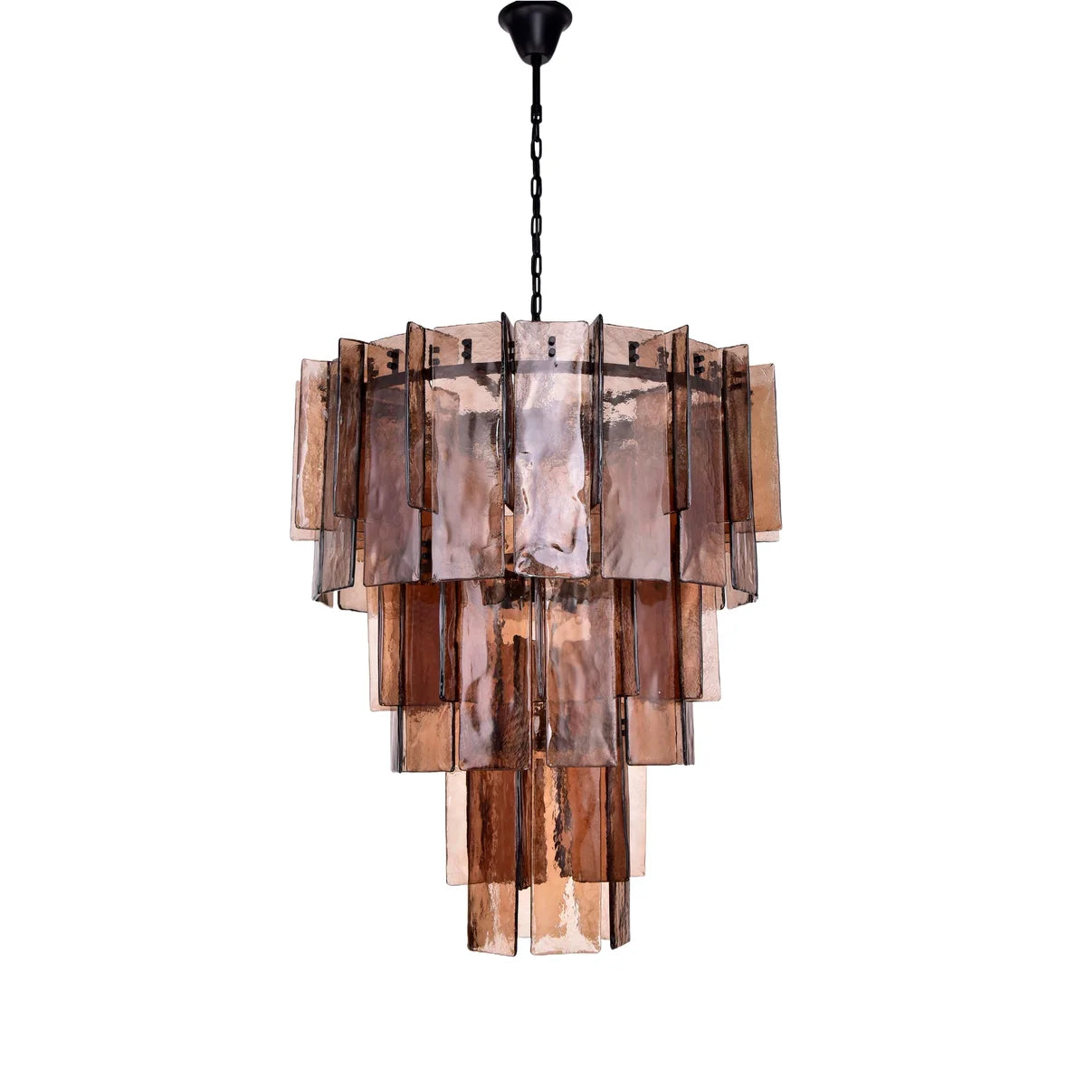 A tiered chandelier pendant light featuring layered translucent smoky amber glass shades with dark metal hardware, suspended from a black chain against a plain white background.
