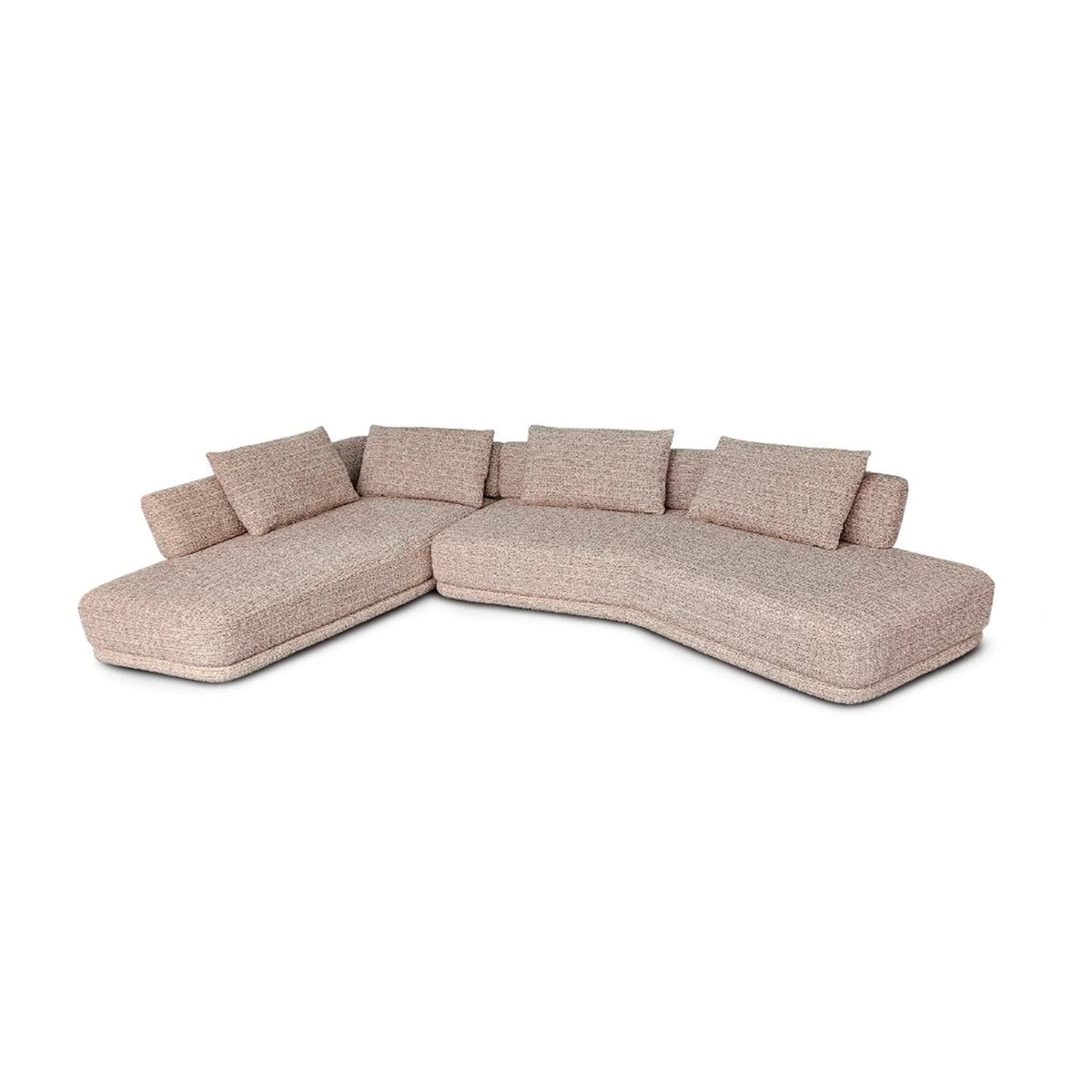 A modern curved sectional sofa upholstered in a textured beige bouclé fabric, featuring multiple matching back cushions, shown against a plain white background.