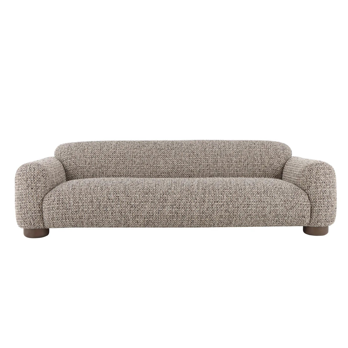 A modern low-profile loveseat sofa upholstered in a textured, woven taupe-gray fabric, featuring rounded arms and dark wooden legs, shown against a plain white background.