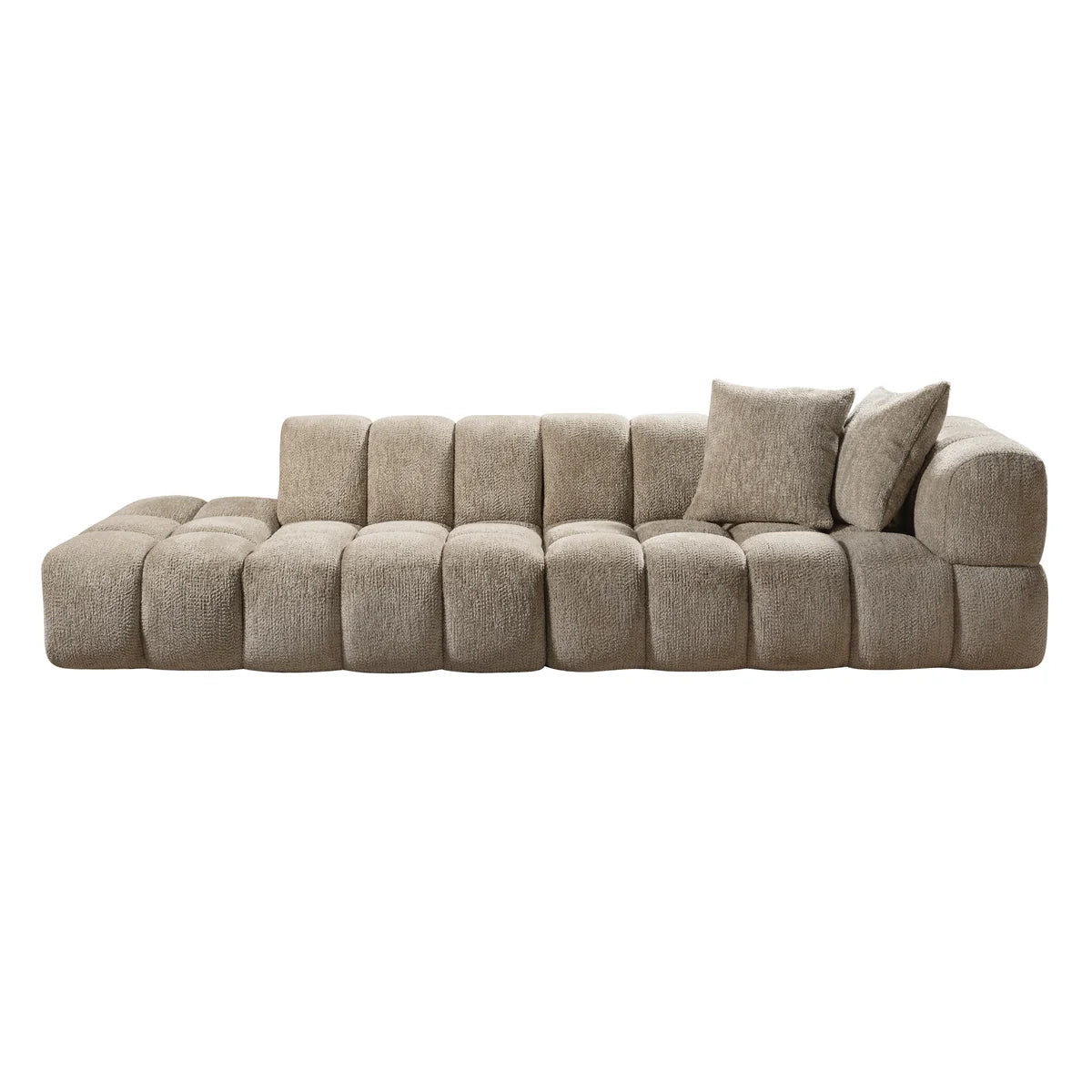 A modern modular sectional sofa upholstered in a textured taupe-beige fabric, featuring a segmented, tufted block design and two matching throw pillows, shown against a plain white background.