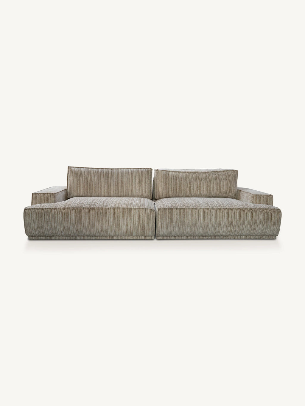 A modern modular sectional sofa upholstered in a textured, vertically striped beige and gray fabric, shown against a plain off-white background.