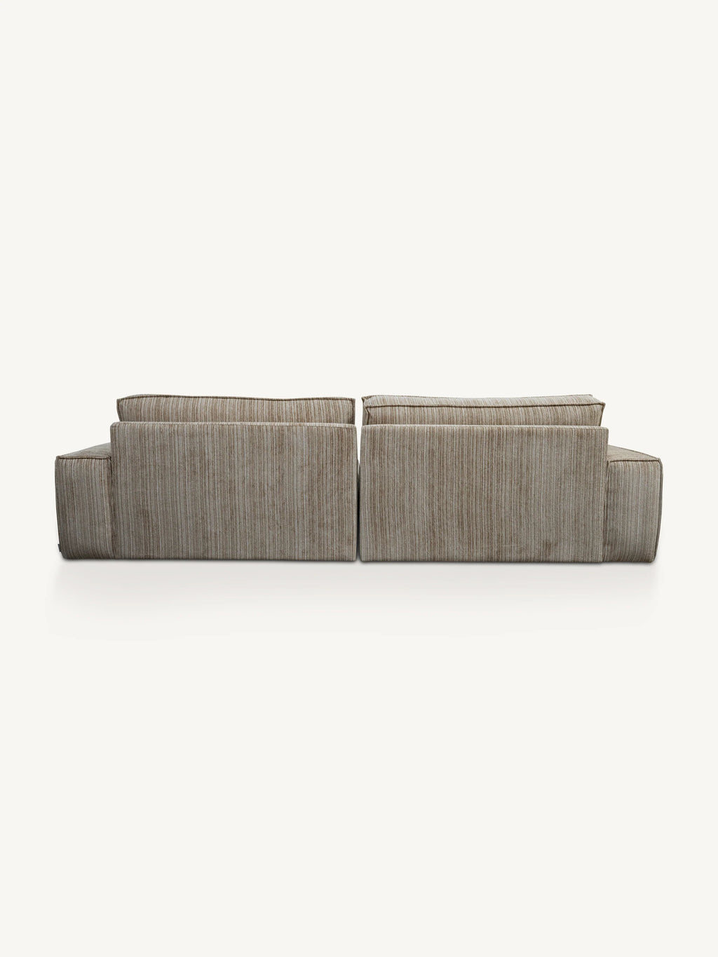 A modern two-seater sofa upholstered in a textured, vertically ribbed fabric in a warm taupe-beige color, shown from a straight-on perspective against a solid off-white background.
