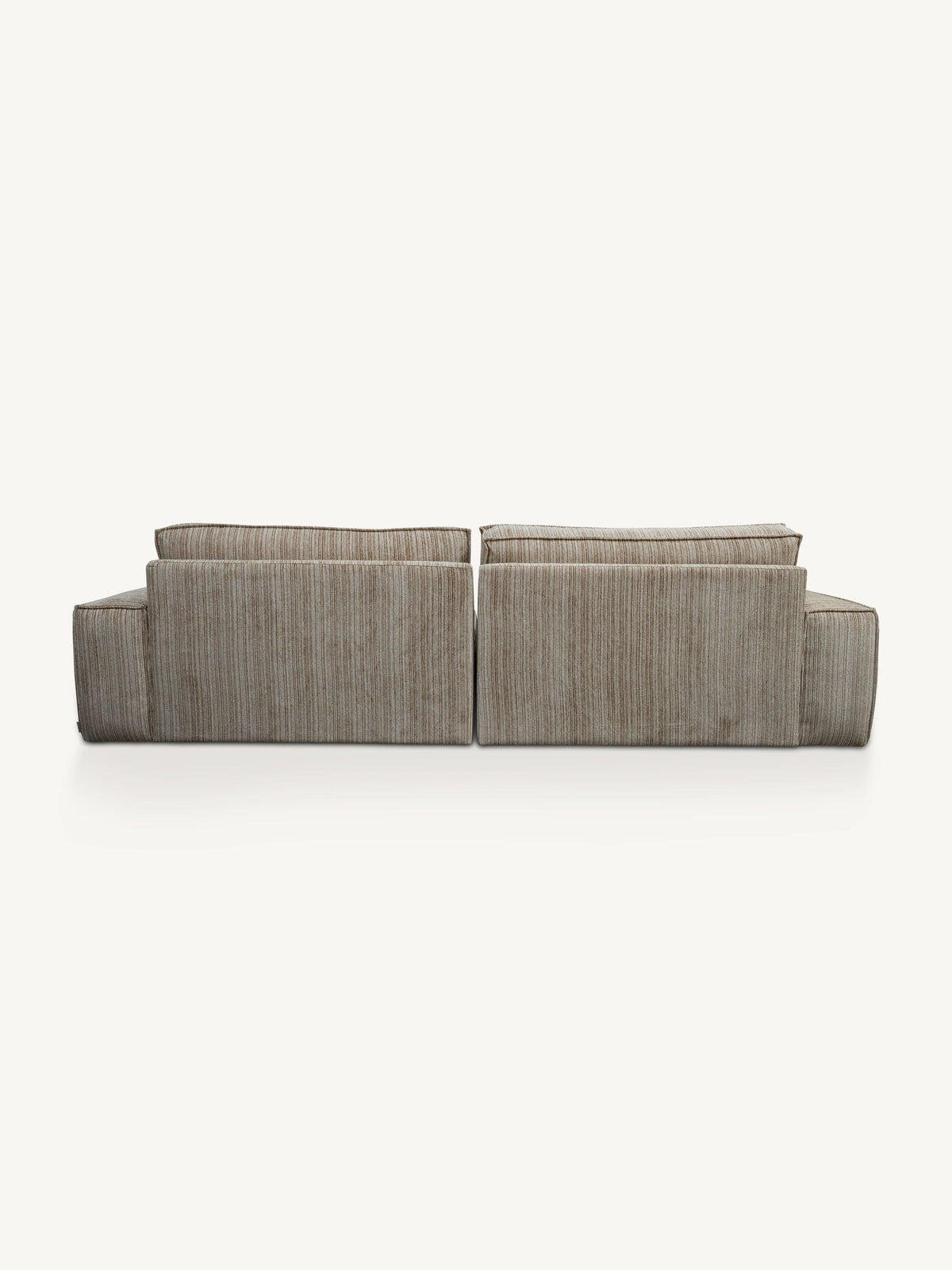 A modern two-seater sofa upholstered in a textured, vertically ribbed fabric in a warm taupe-beige color, shown from a straight-on perspective against a solid off-white background.