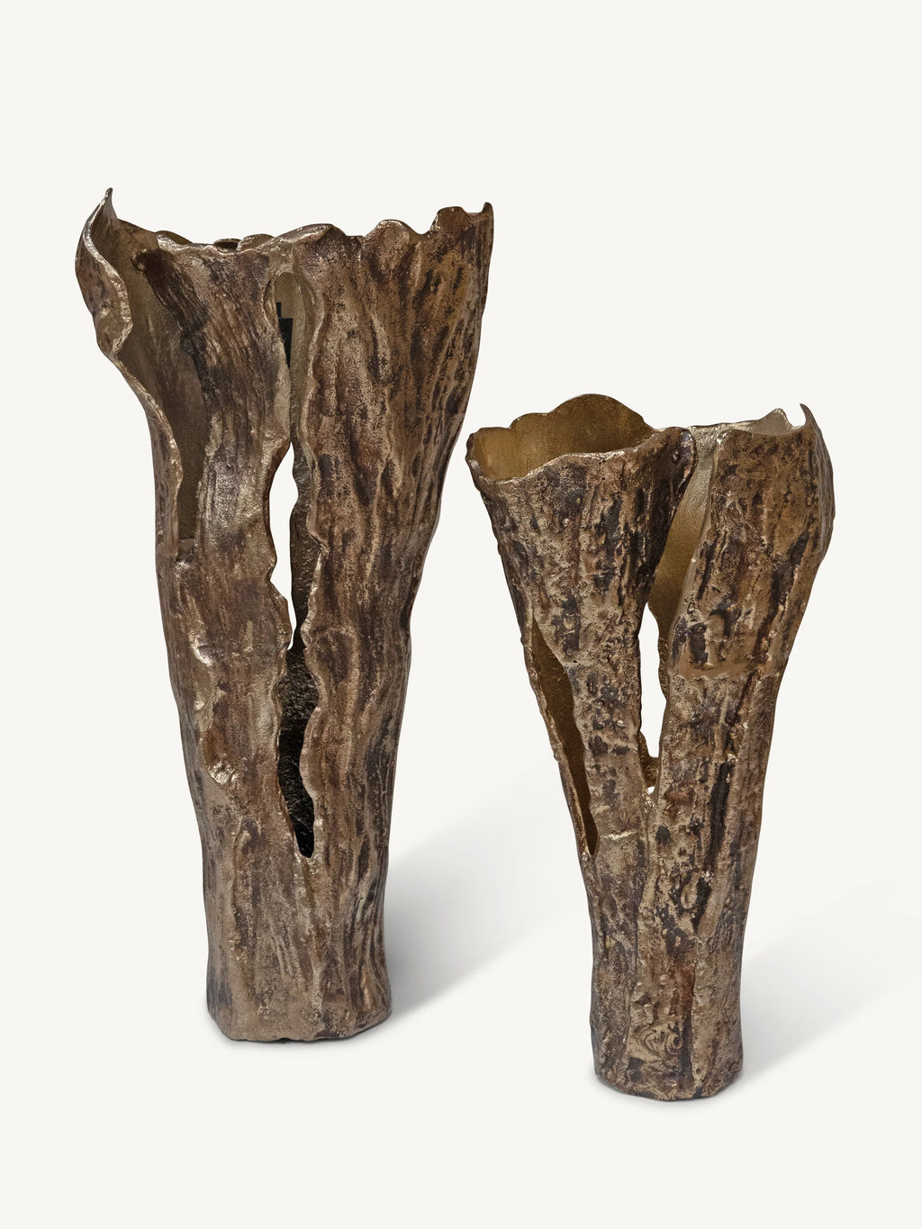 Two sculptural tree-bark style vases in a textured brown and bronze finish, displayed on a clean off-white background.